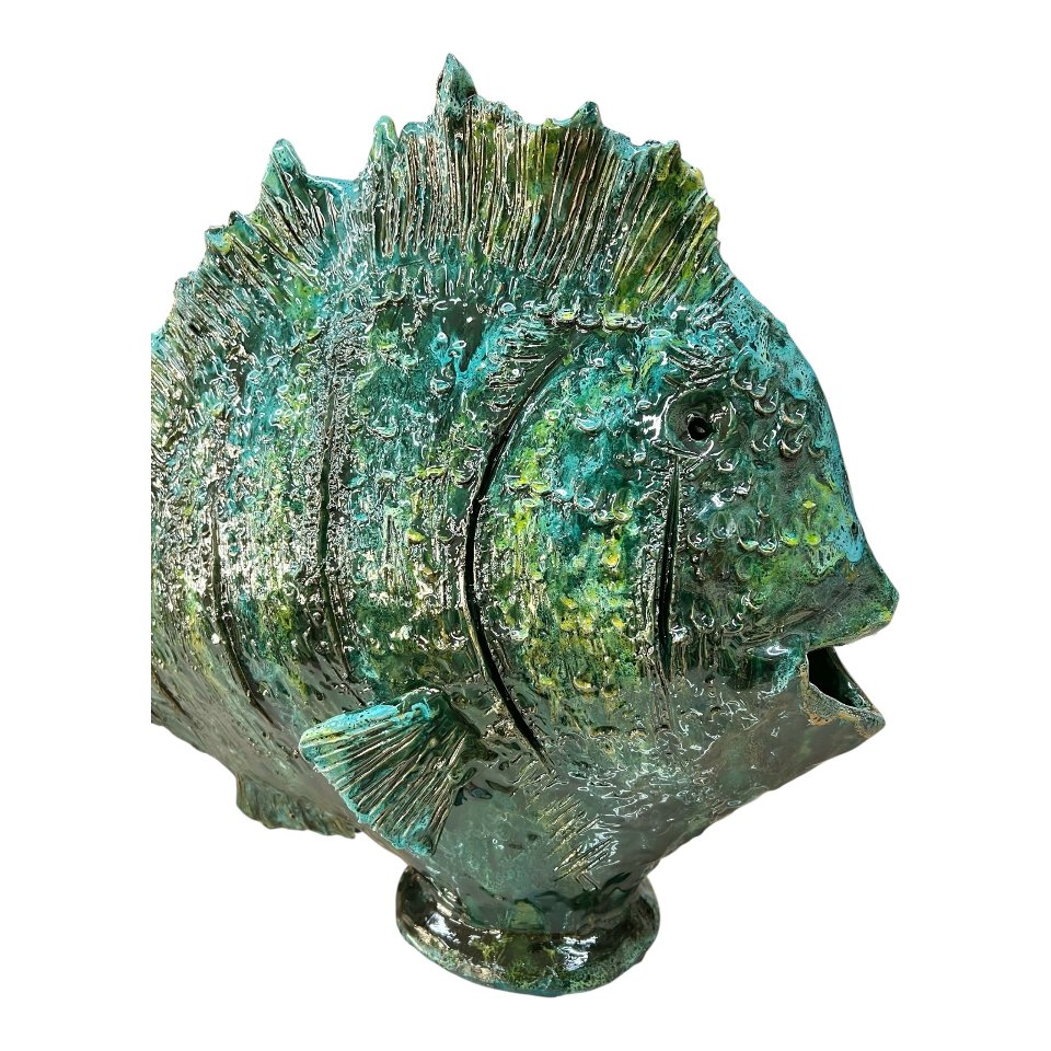 Statua pesce gigante d’appoggio in ceramica siciliana decoro verde Produzione artigianale di Palermo Lunghezza 60cm