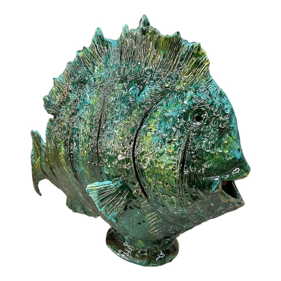 Statua pesce gigante d’appoggio in ceramica siciliana decoro verde Produzione artigianale di Palermo Lunghezza 60cm