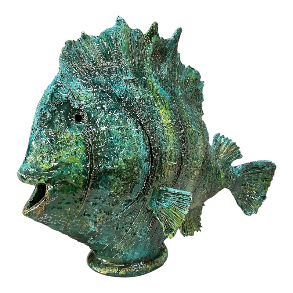 Statua pesce gigante d’appoggio in ceramica siciliana decoro verde Produzione artigianale di Palermo Lunghezza 60cm