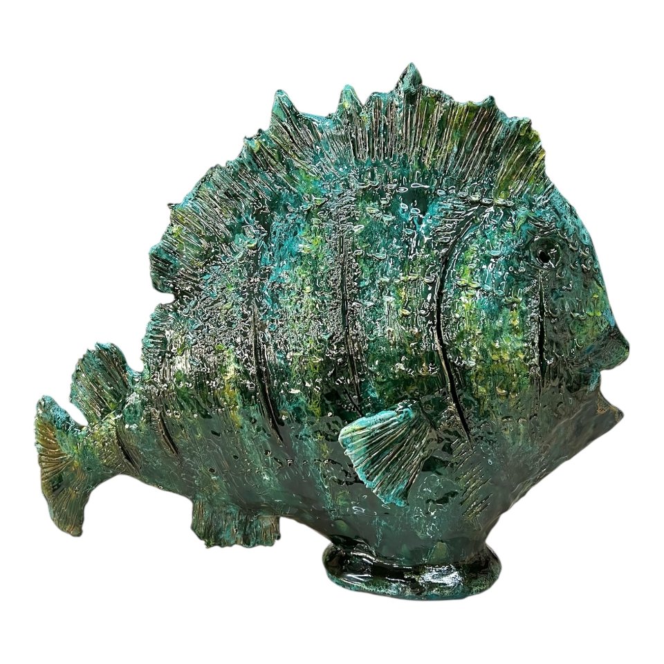 Statua pesce luna gigante d’appoggio in ceramica siciliana decoro verde Produzione artigianale di Palermo Lunghezza 60cm