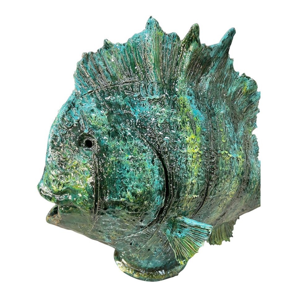 Statua pesce gigante d’appoggio in ceramica siciliana decoro verde Produzione artigianale di Palermo Lunghezza 60cm