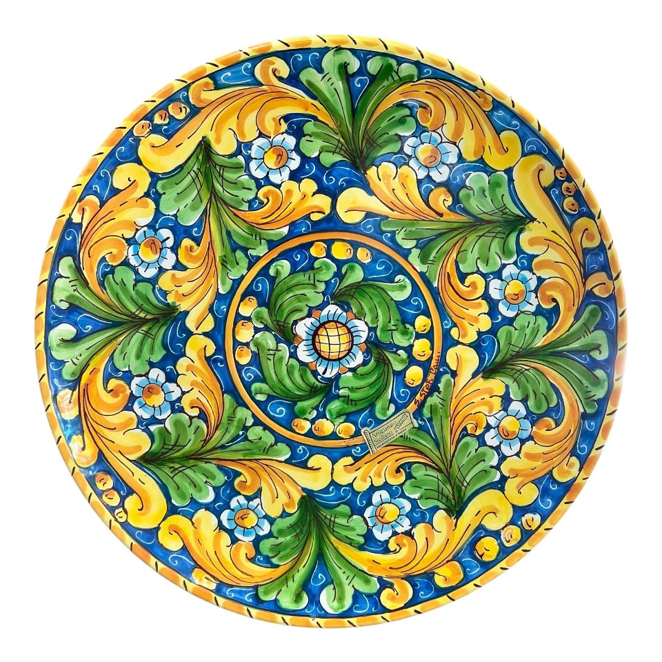 Piatto ornamentale da parete in ceramica siciliana decoro ornato barocco Produzione artigianale di Santo Stefano di Camastra Diametro 37cm