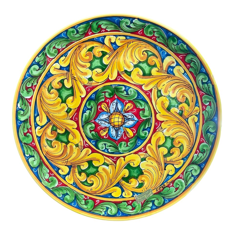 Piatto ornamentale da parete in ceramica siciliana decoro ornato barocco Produzione artigianale di Santo Stefano di Camastra Diametro 37cm