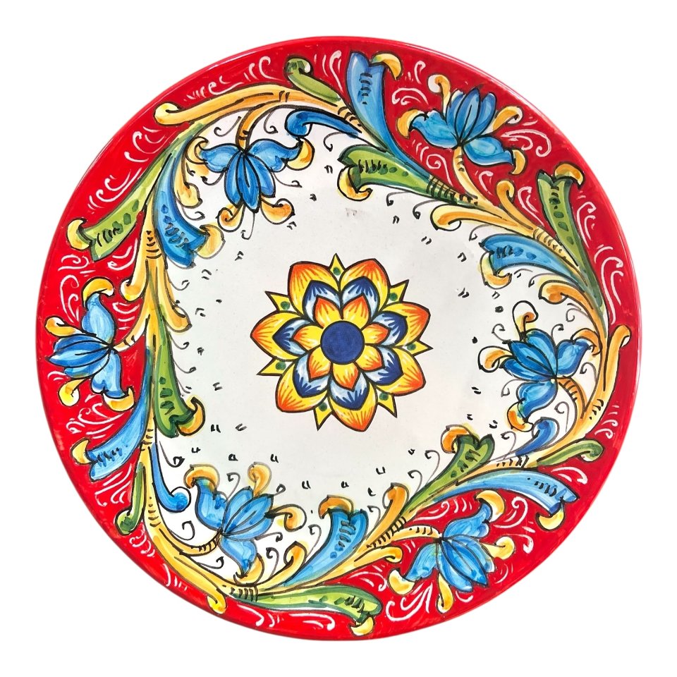 Piatto ornamentale da parete in ceramica siciliana decoro barocco floreale rosso Produzione artigianale di Santo Stefano di Camastra Diametro 25cm