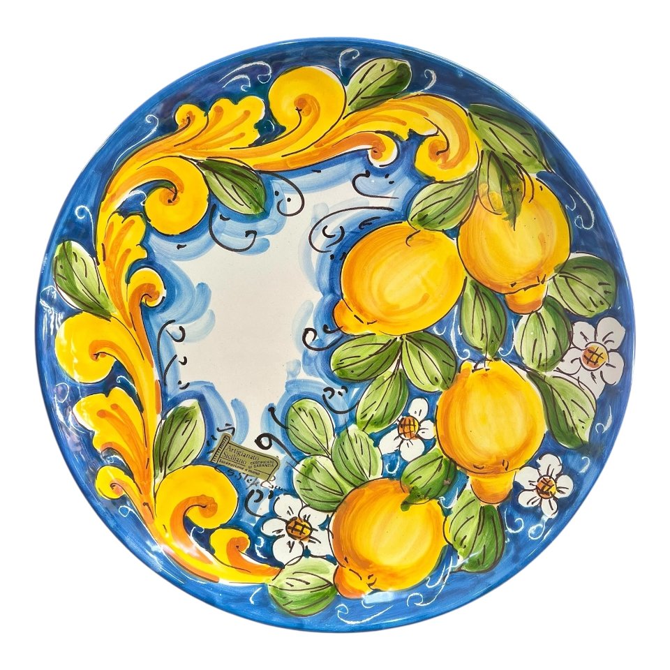 Piatto ornamentale da parete in ceramica siciliana decoro con limoni Produzione artigianale di Santo Stefano di Camastra Diametro 30cm