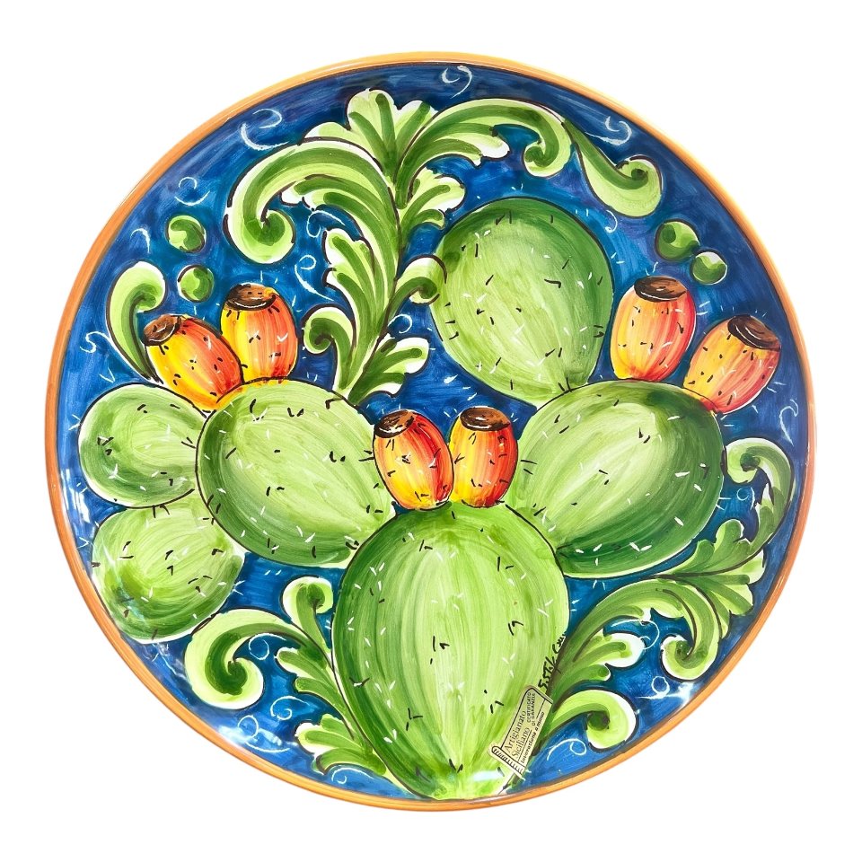 Piatto ornamentale da parete in ceramica siciliana decoro con fichi d’india Produzione artigianale di Santo Stefano di Camastra Diametro 30cm
