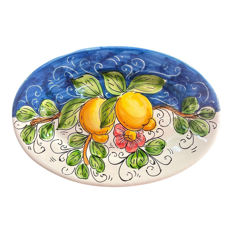 Piatto ornamentale ovale da parete in ceramica siciliana decoro con limoni Produzione artigianale di Santo Stefano di Camastra lunghezza 30cm