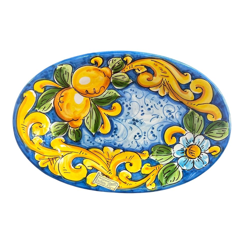 Piatto ornamentale ovale da parete in ceramica siciliana decoro barocco con limoni Produzione artigianale di Santo Stefano di Camastra Lunghezza 30cm