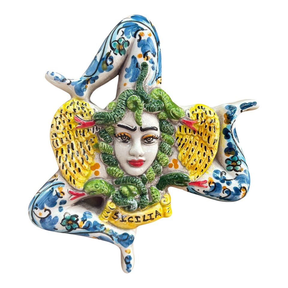 Trinacria ornamentale da parete siciliana decoro seicento blu in ceramica siciliana Produzione artigianale di Caltagirone Lunghezza 17cm