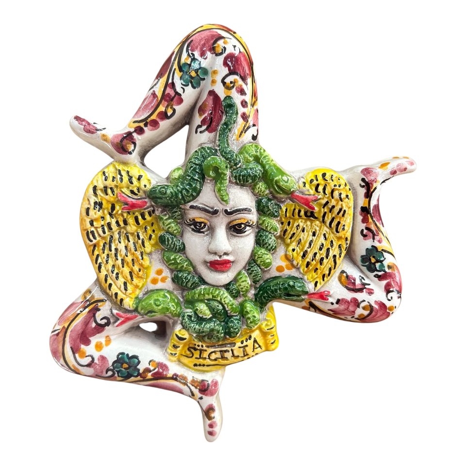Trinacria ornamentale da parete decoro seicento bordeaux in ceramica siciliana Produzione artigianale di Caltagirone Lunghezza 17cm