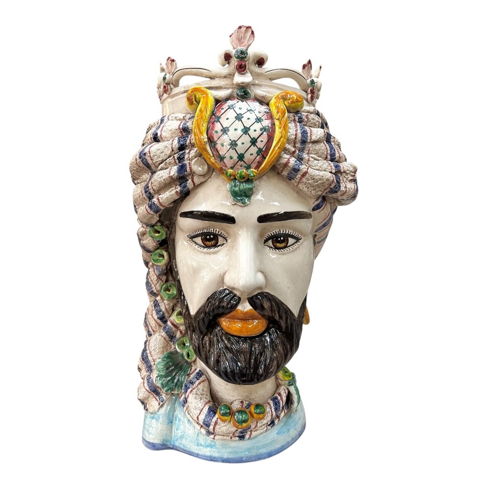 Teste di moro in ceramica siciliana decoro con turbante e corona Produzione artigianale di Caltagirone h.40cm