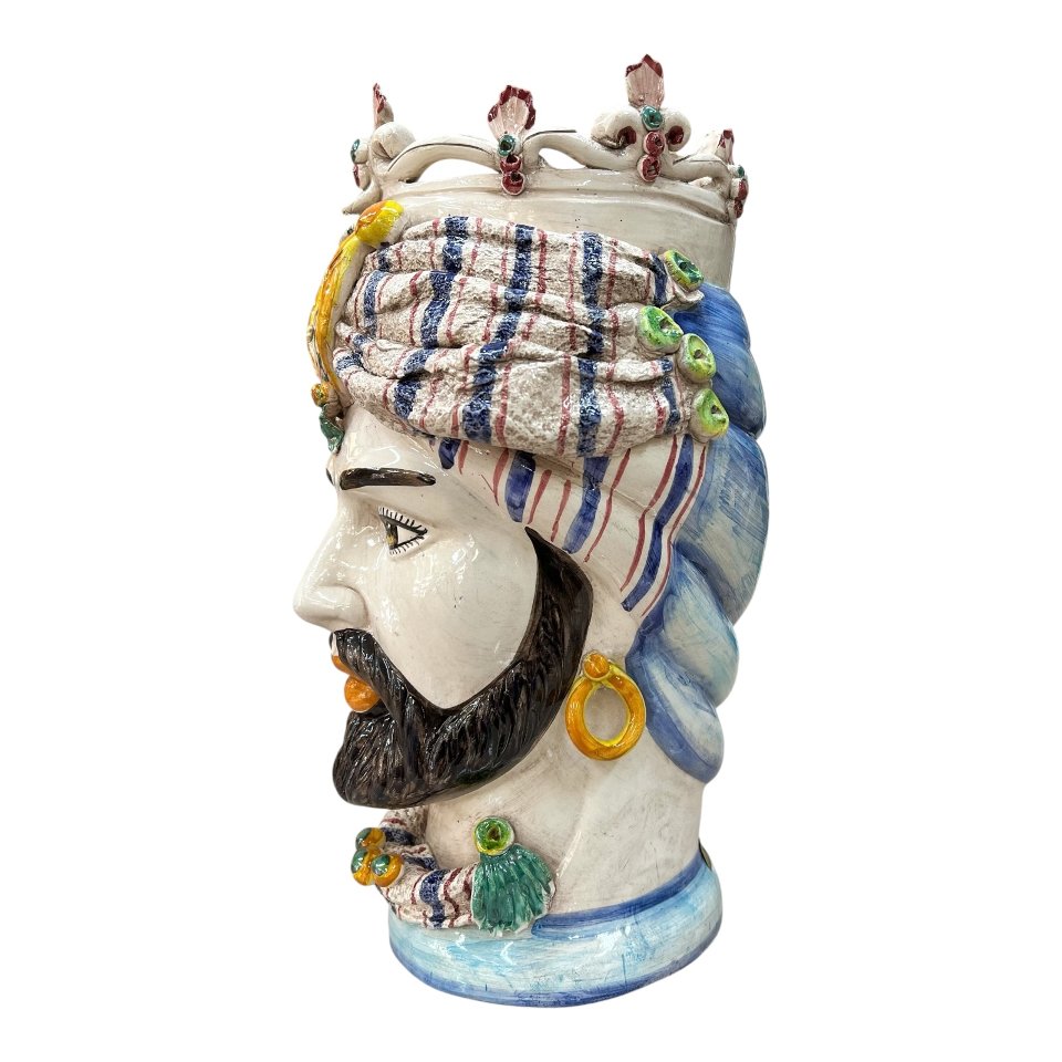 Teste di moro in ceramica siciliana decoro con turbante e corona Produzione artigianale di Caltagirone h.40cm