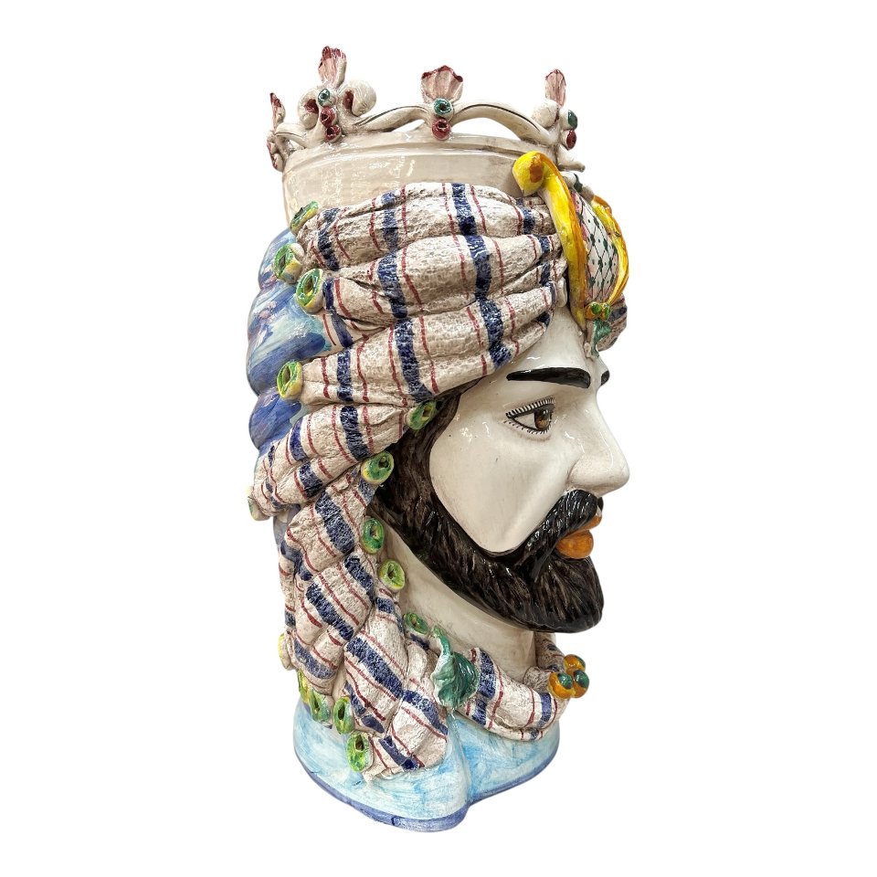 Teste di moro in ceramica siciliana decoro con turbante e corona Produzione artigianale di Caltagirone h.40cm