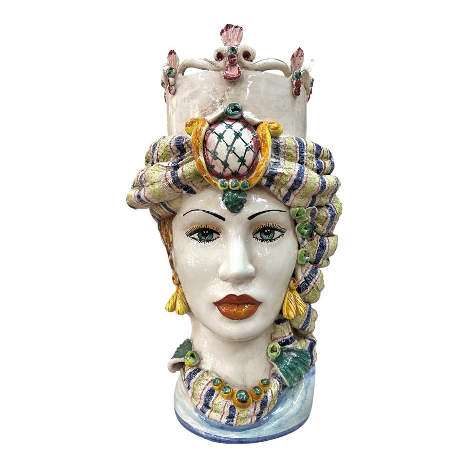 Teste di moro in ceramica siciliana decoro con turbante e corona Produzione artigianale di Caltagirone h.40cm