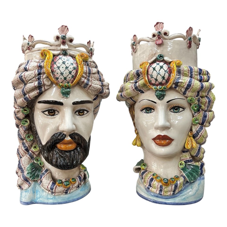 Teste di moro in ceramica siciliana decoro con turbante e corona Produzione artigianale di Caltagirone h.40cm