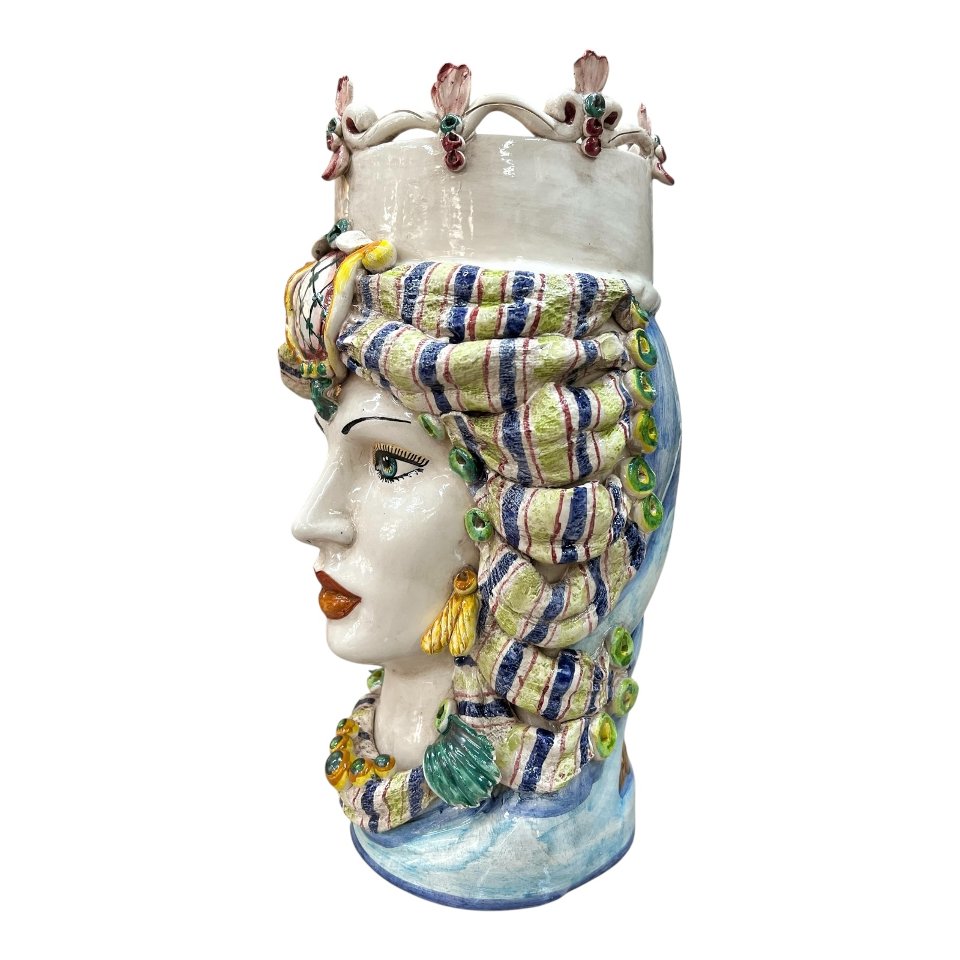 Teste di moro in ceramica siciliana decoro con turbante e corona Produzione artigianale di Caltagirone h.40cm