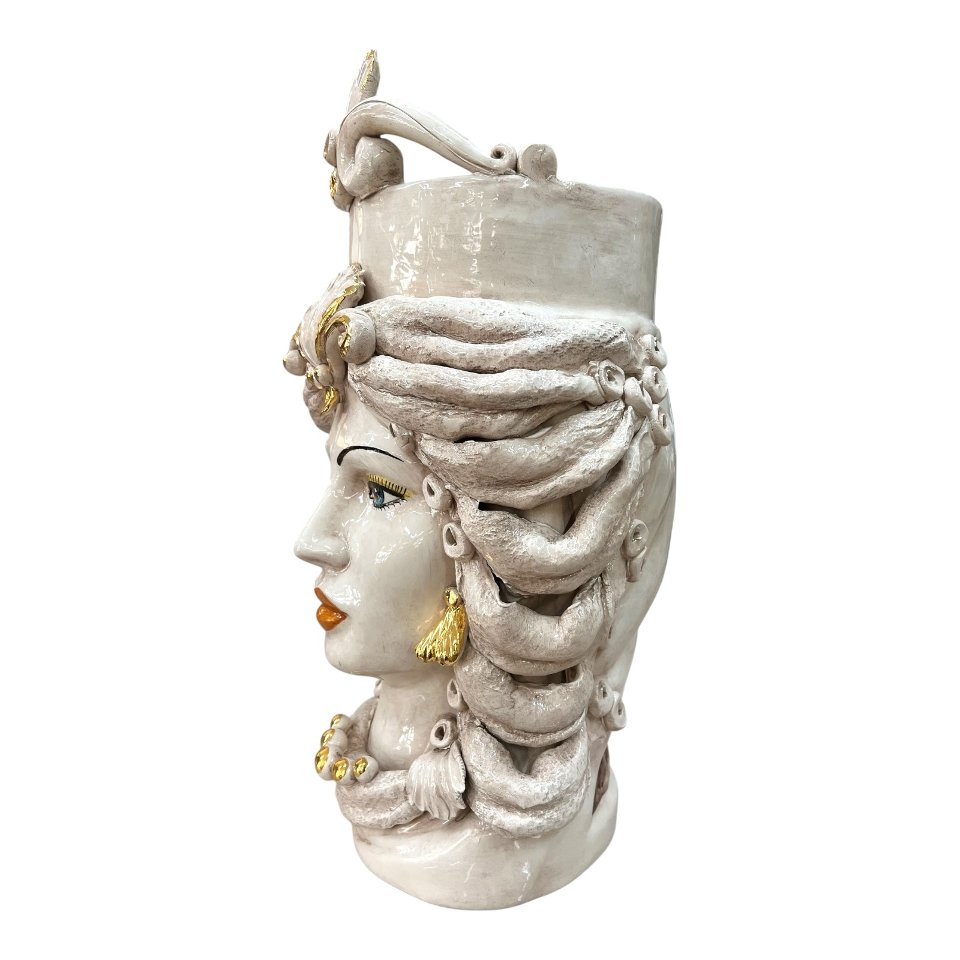 Teste di moro in ceramica siciliana decoro fumé con dettagli in oro Produzione artigianale di Caltagirone h.40cm