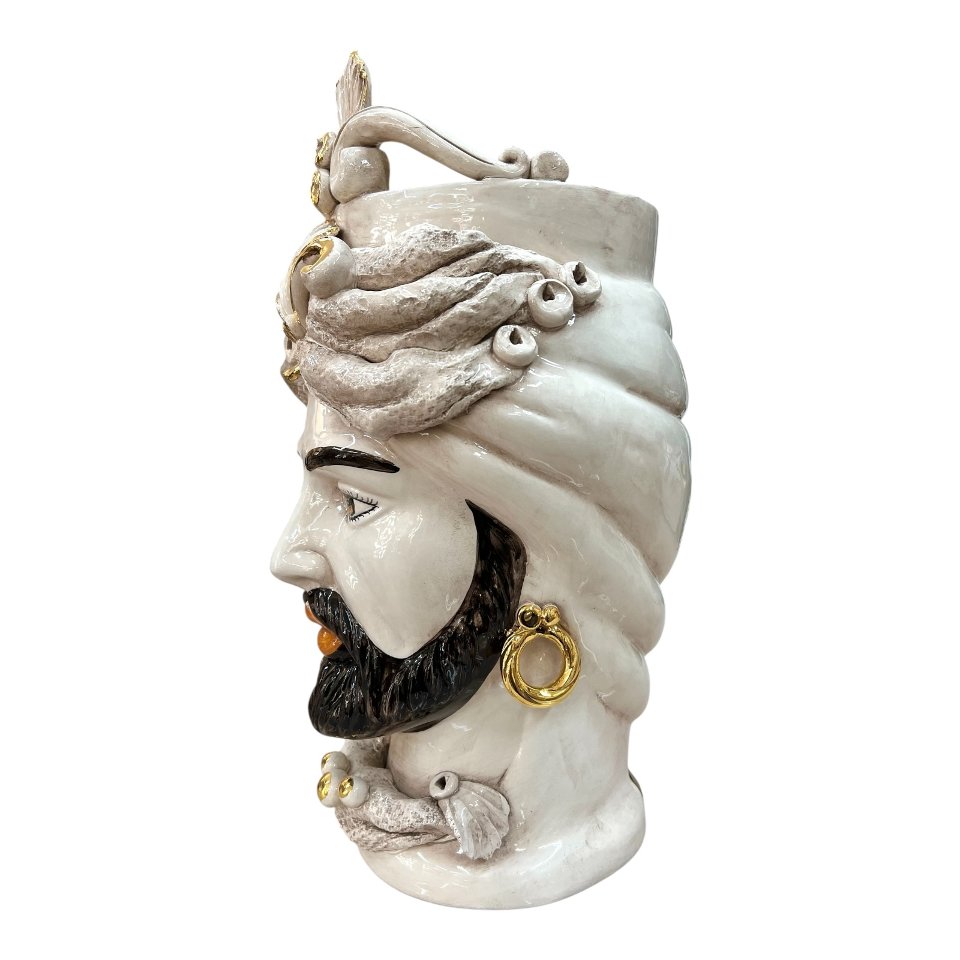 Teste di moro in ceramica siciliana decoro fumé con dettagli in oro Produzione artigianale di Caltagirone h.40cm