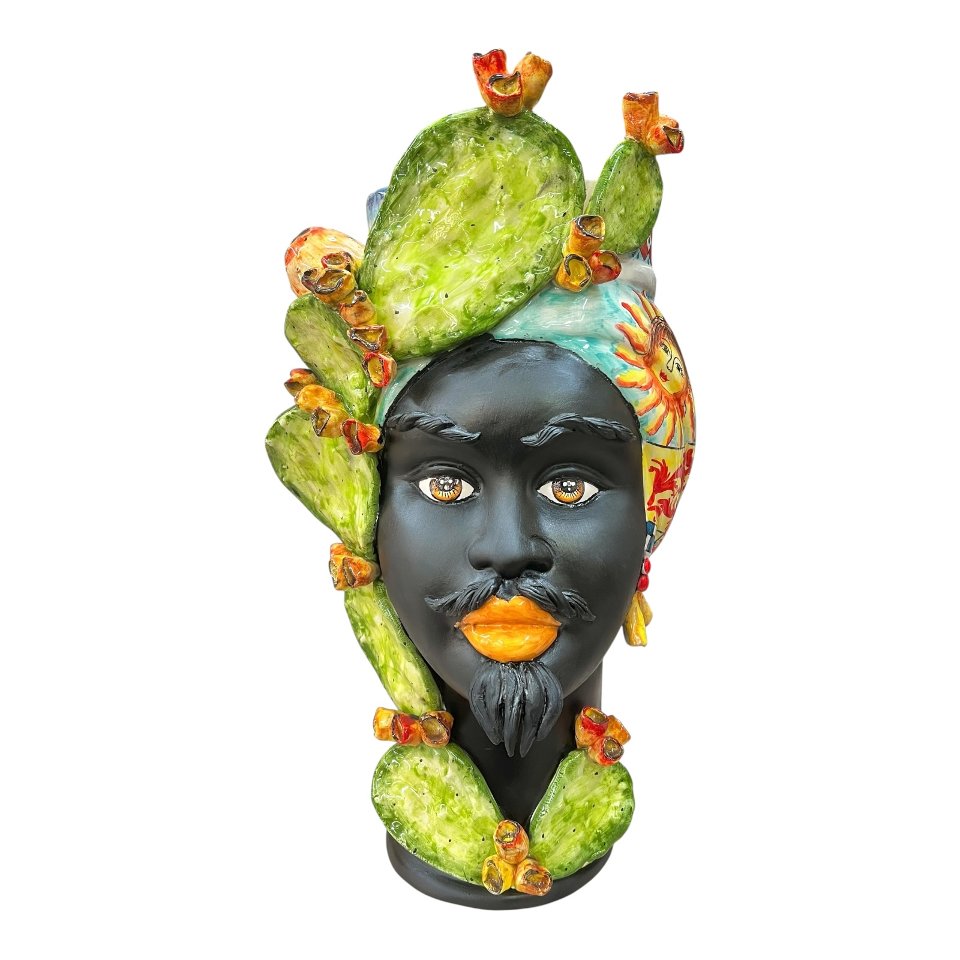 Teste di moro in ceramica siciliana decoro carretto con fichi d’india viso nero satinato Produzione artigianale di Caltagirone h.55cm