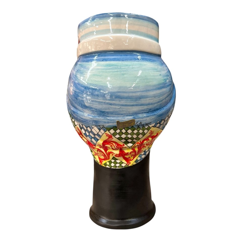 Teste di moro in ceramica siciliana decoro carretto con fichi d’india viso nero satinato Produzione artigianale di Caltagirone h.55cm