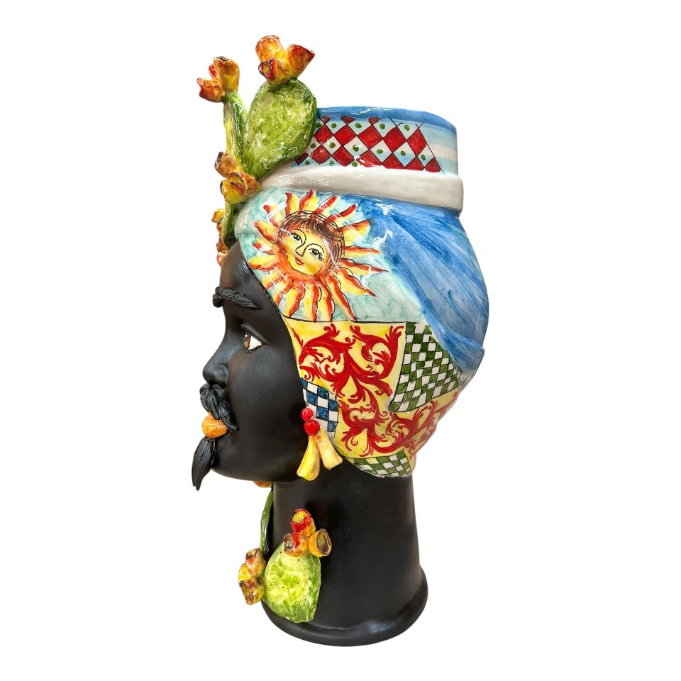Teste di moro in ceramica siciliana decoro carretto con fichi d’india viso nero satinato Produzione artigianale di Caltagirone h.55cm