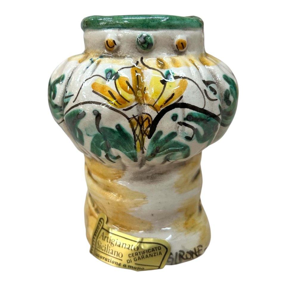Testa di moro donna con turbante in ceramica siciliana decoro seicento verde Produzione artigianale di Caltagirone h.11cm