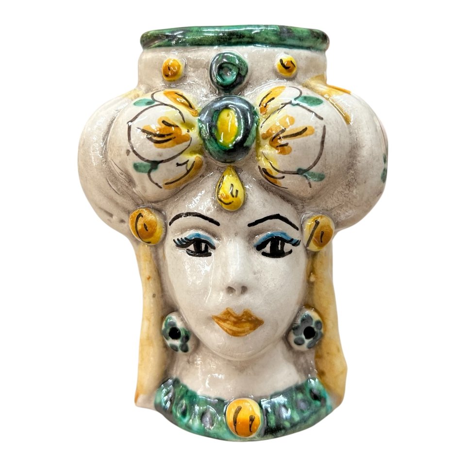 Testa di moro donna con turbante in ceramica siciliana decoro seicento verde Produzione artigianale di Caltagirone h.11cm