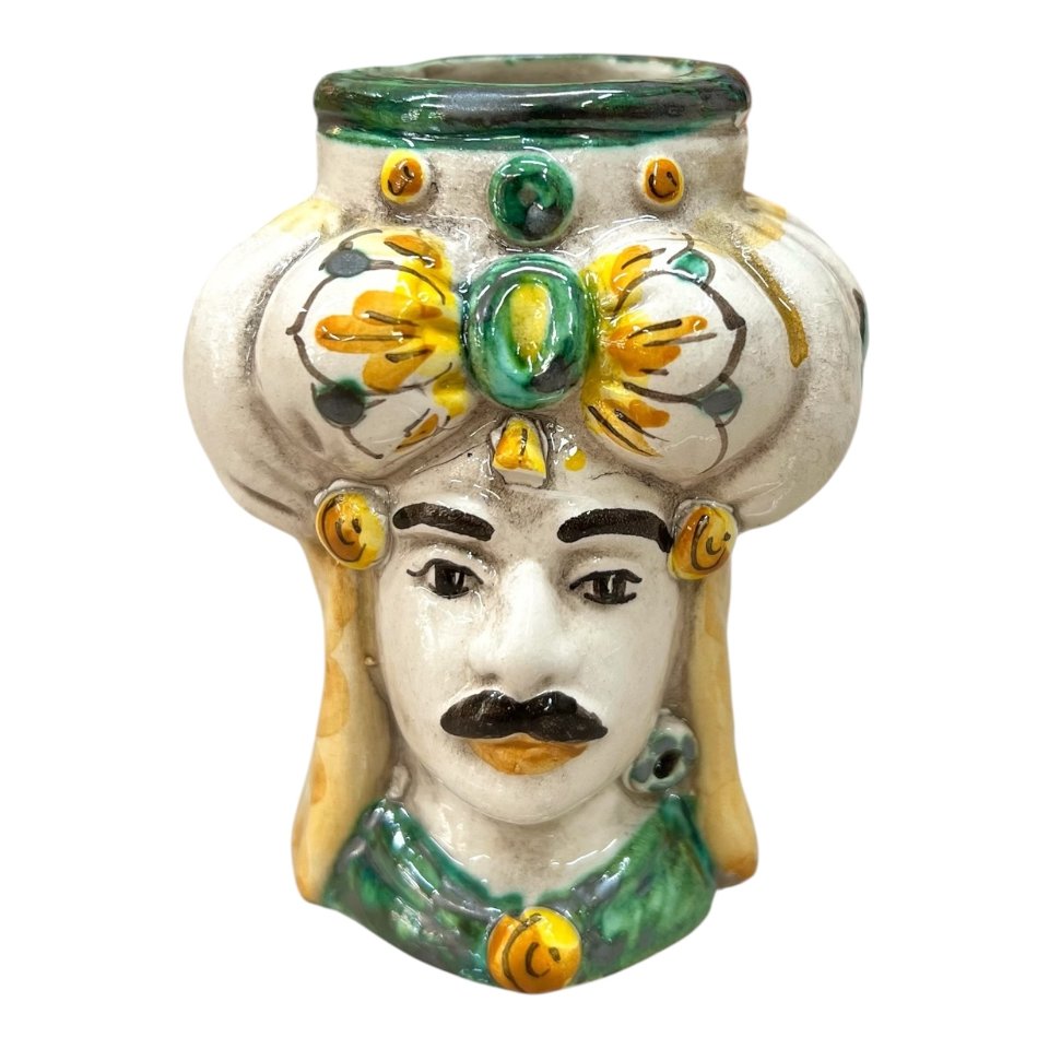 Testa di moro uomo in ceramica siciliana con turbante decoro seicento verde Produzione artigianale di Caltagirone h.11cm