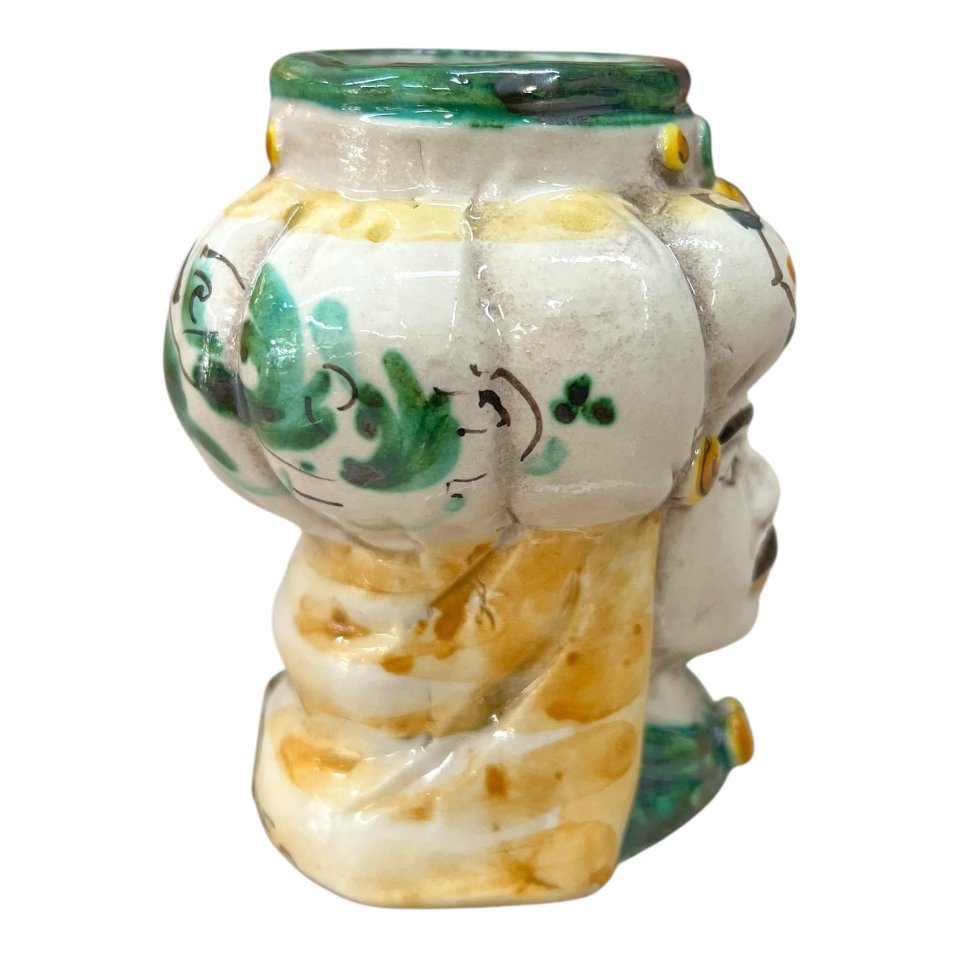 Testa di moro uomo in ceramica siciliana con turbante decoro seicento verde Produzione artigianale di Caltagirone h.11cm