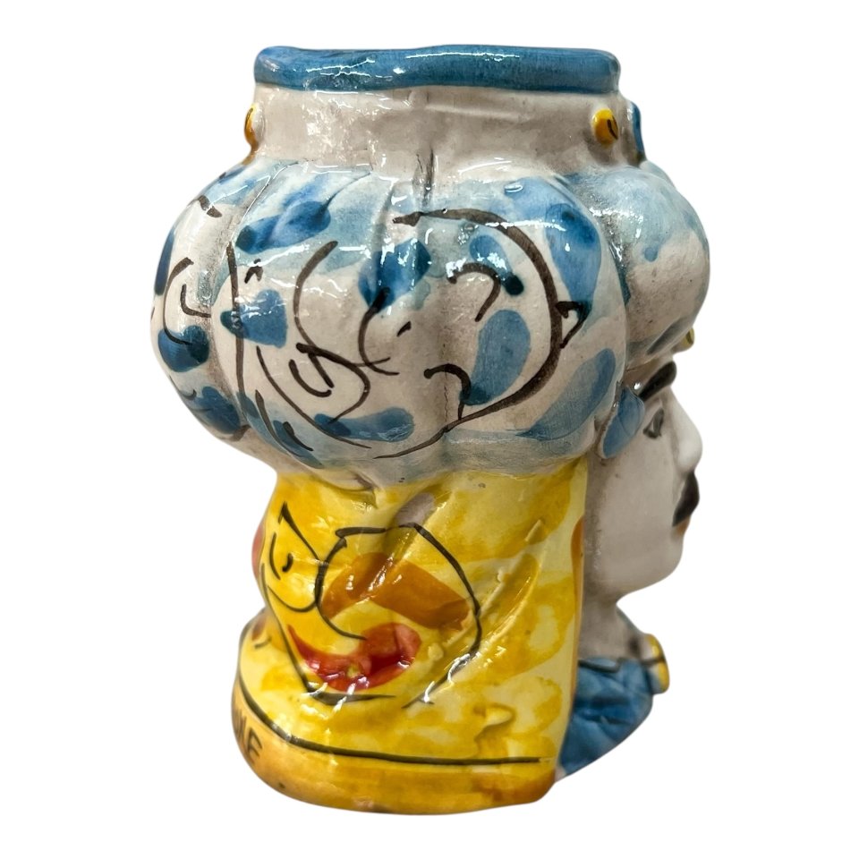 Testa di moro uomo in ceramica siciliana con turbante decoro seicento blu Produzione artigianale di Caltagirone h.11cm