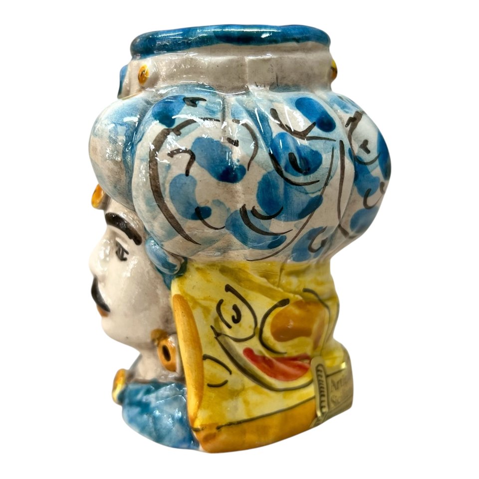 Testa di moro uomo in ceramica siciliana con turbante decoro seicento blu Produzione artigianale di Caltagirone h.11cm