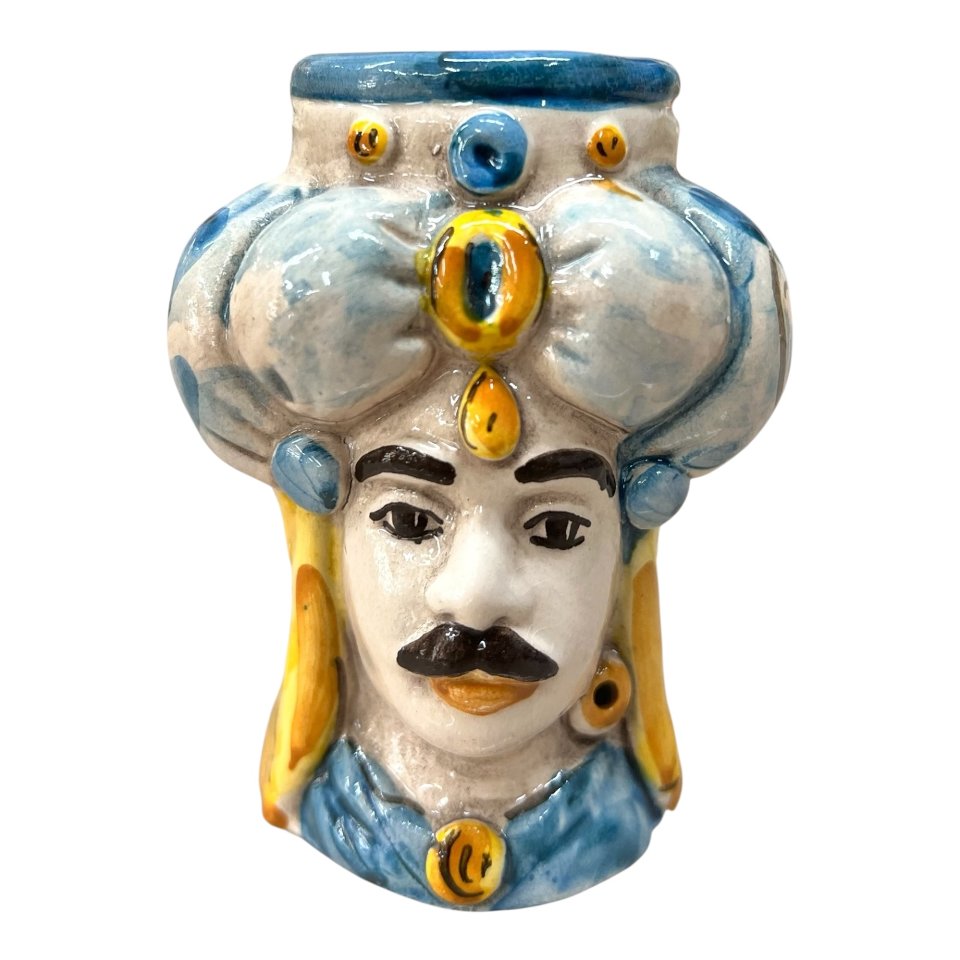 Testa di moro uomo in ceramica siciliana con turbante decoro seicento blu Produzione artigianale di Caltagirone h.11cm