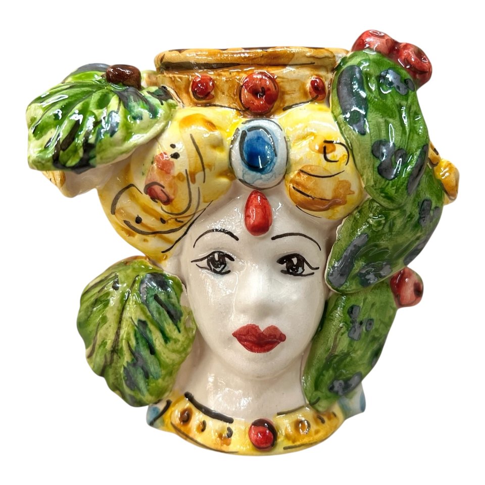 Testa di moro donna con frutta in ceramica siciliana Produzione artigianale di Caltagirone h.11cm