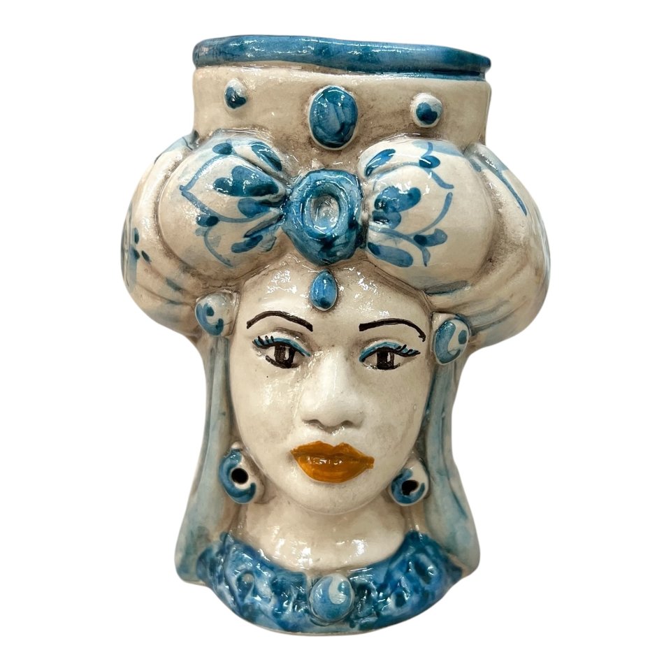 Testa di moro donna in ceramica siciliana con turbante decoro seicento blu Produzione artigianale di Caltagirone h.15cm