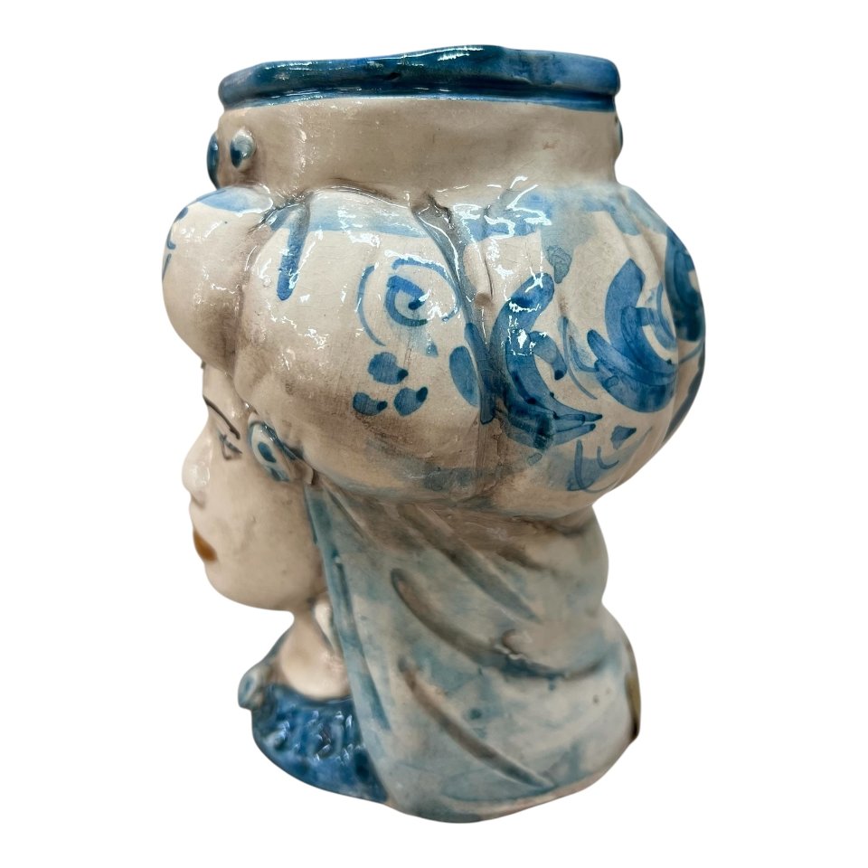 Testa di moro donna in ceramica siciliana con turbante decoro seicento blu Produzione artigianale di Caltagirone h.15cm