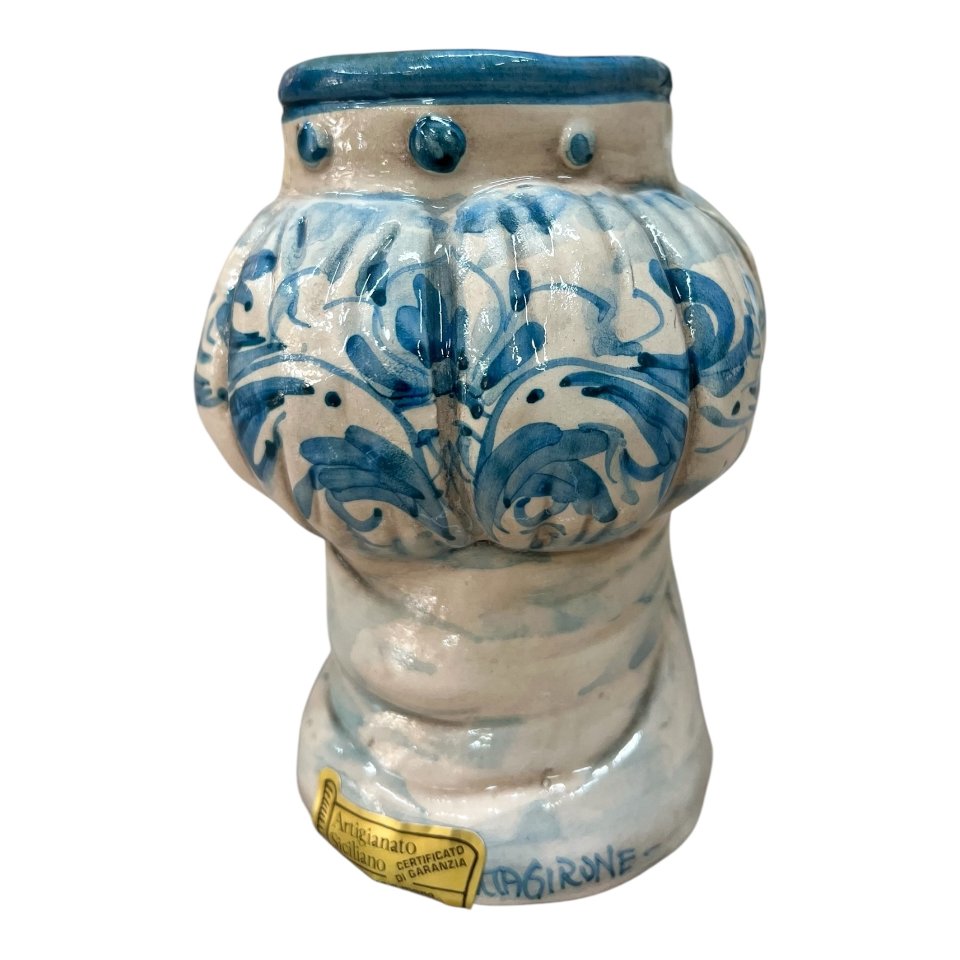 Testa di moro donna in ceramica siciliana con turbante decoro seicento blu Produzione artigianale di Caltagirone h.15cm