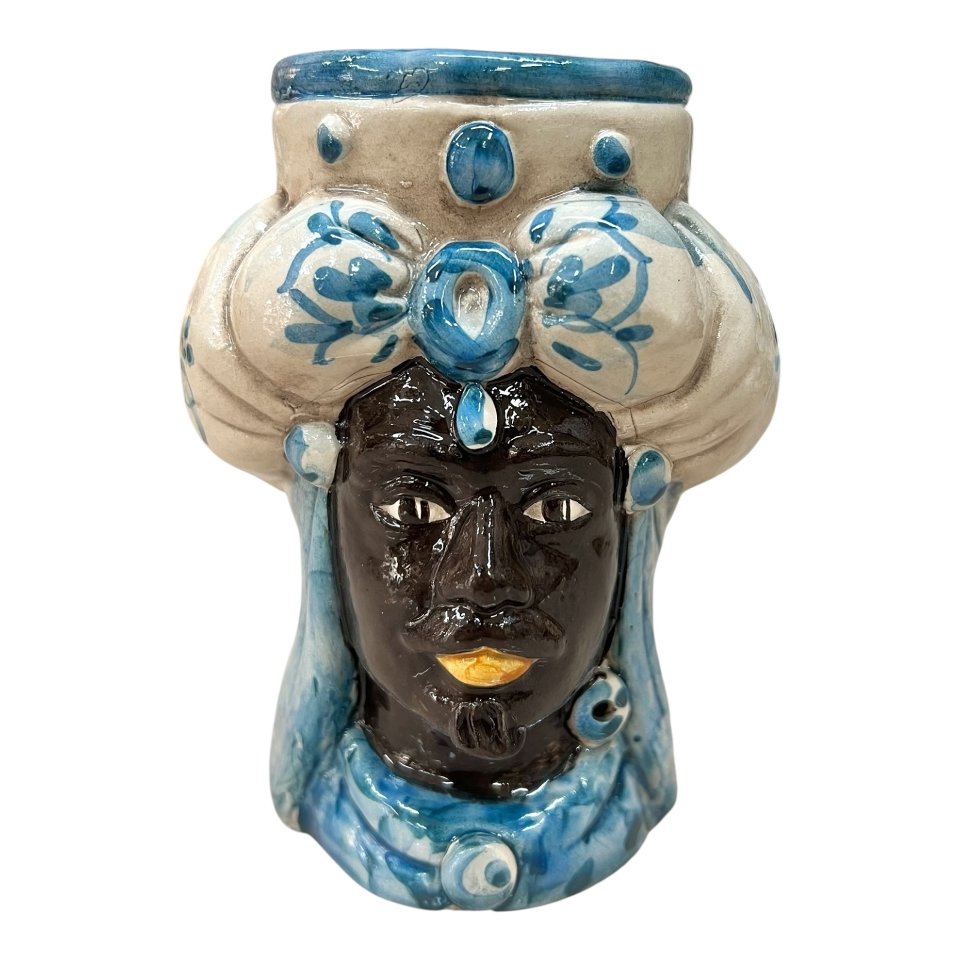 Testa di moro uomo viso nero lucido con turbante in ceramica siciliana decoro seicento blu Produzione artigianale di Caltagirone h.15cm