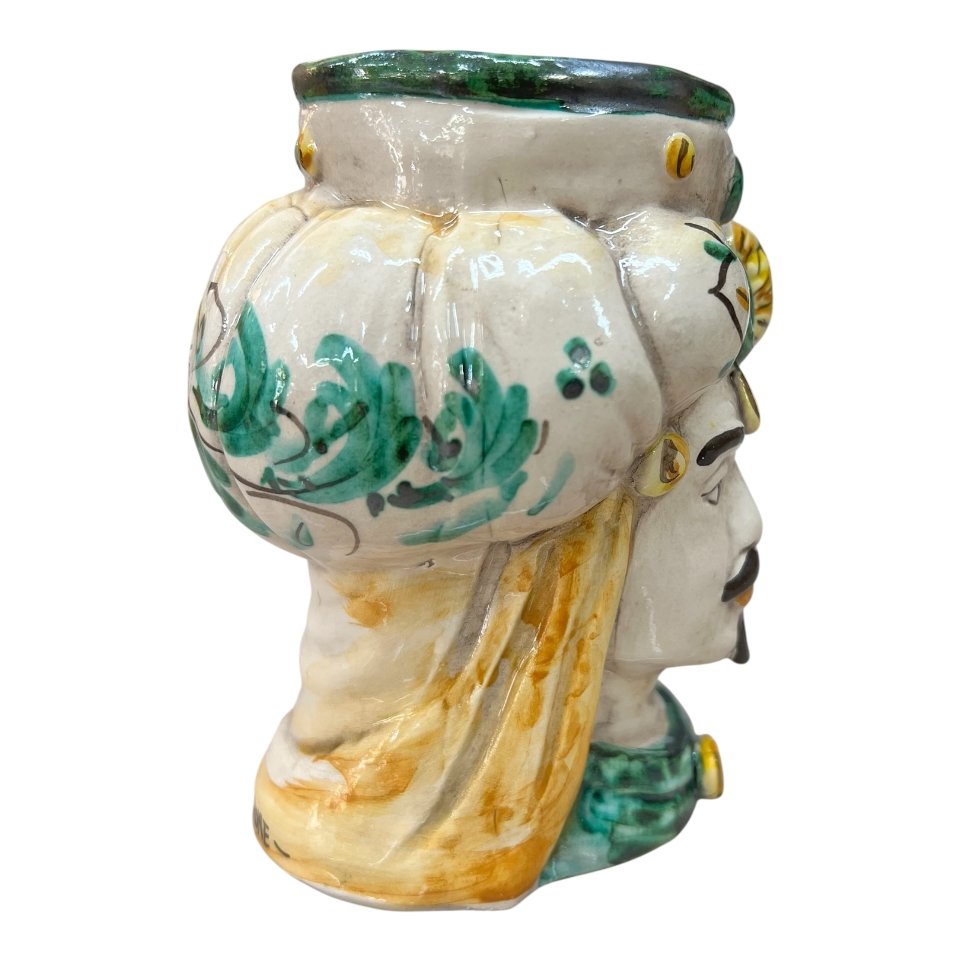 Testa di moro uomo con turbante in ceramica siciliana decoro seicento verde Produzione artigianale di Caltagirone h.15cm