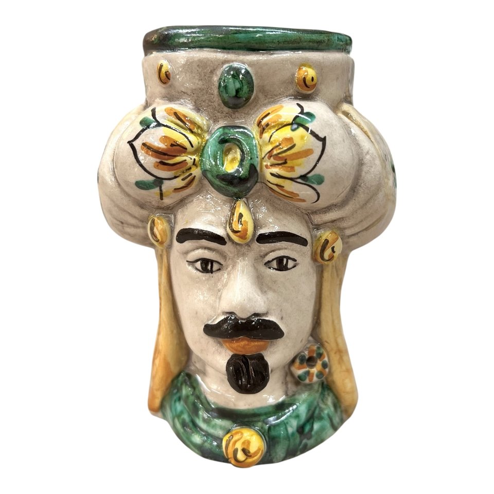 Testa di moro uomo con turbante in ceramica siciliana decoro seicento verde Produzione artigianale di Caltagirone h.15cm