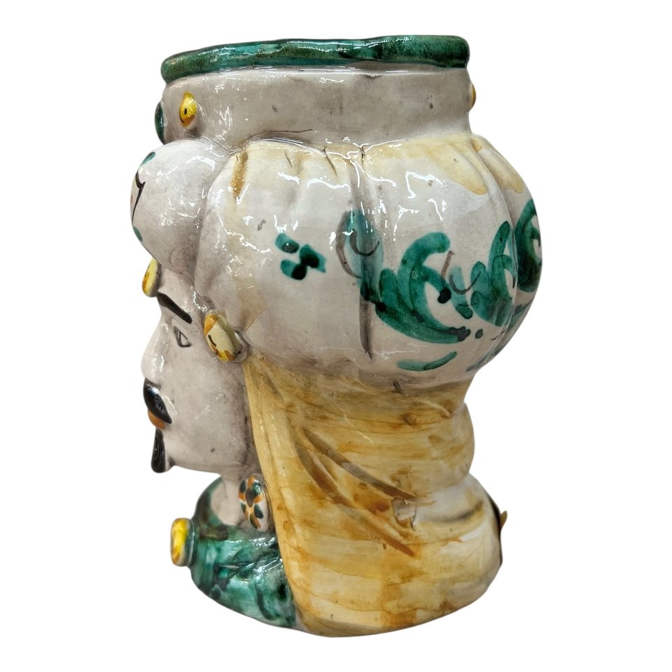 Testa di moro uomo con turbante in ceramica siciliana decoro seicento verde Produzione artigianale di Caltagirone h.15cm