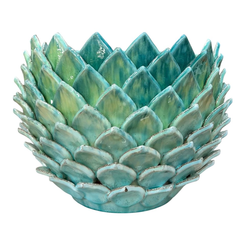 Vaso loto portapianta in ceramica siciliana decoro verde acqua Produzione artigianale di Santo Stefano di Camastra Diametro 30cm