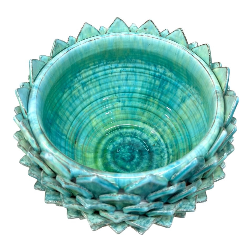 Vaso loto portapianta in ceramica siciliana decoro verde acqua Produzione artigianale di Santo Stefano di Camastra Diametro 30cm