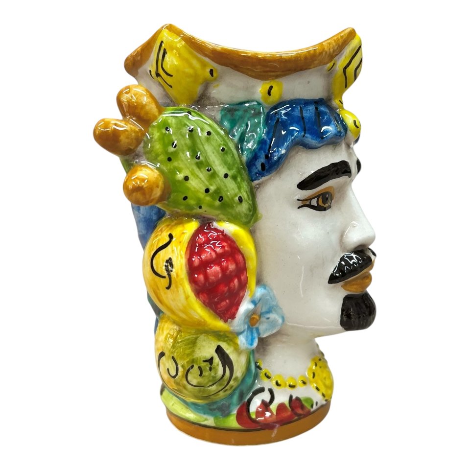 Testa di moro uomo con frutta e fichi d’india in ceramica siciliana Produzione artigianale di Caltagirone h.15cm