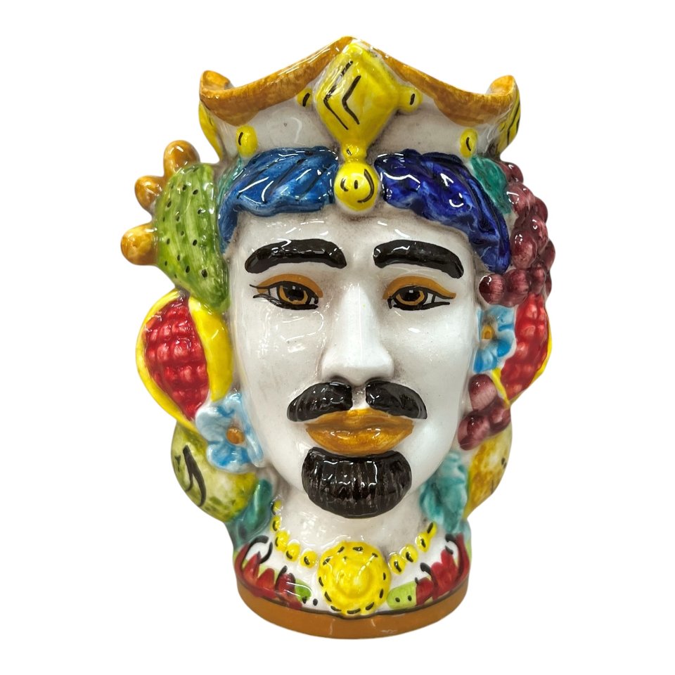 Testa di moro uomo con frutta e fichi d’india in ceramica siciliana Produzione artigianale di Caltagirone h.15cm