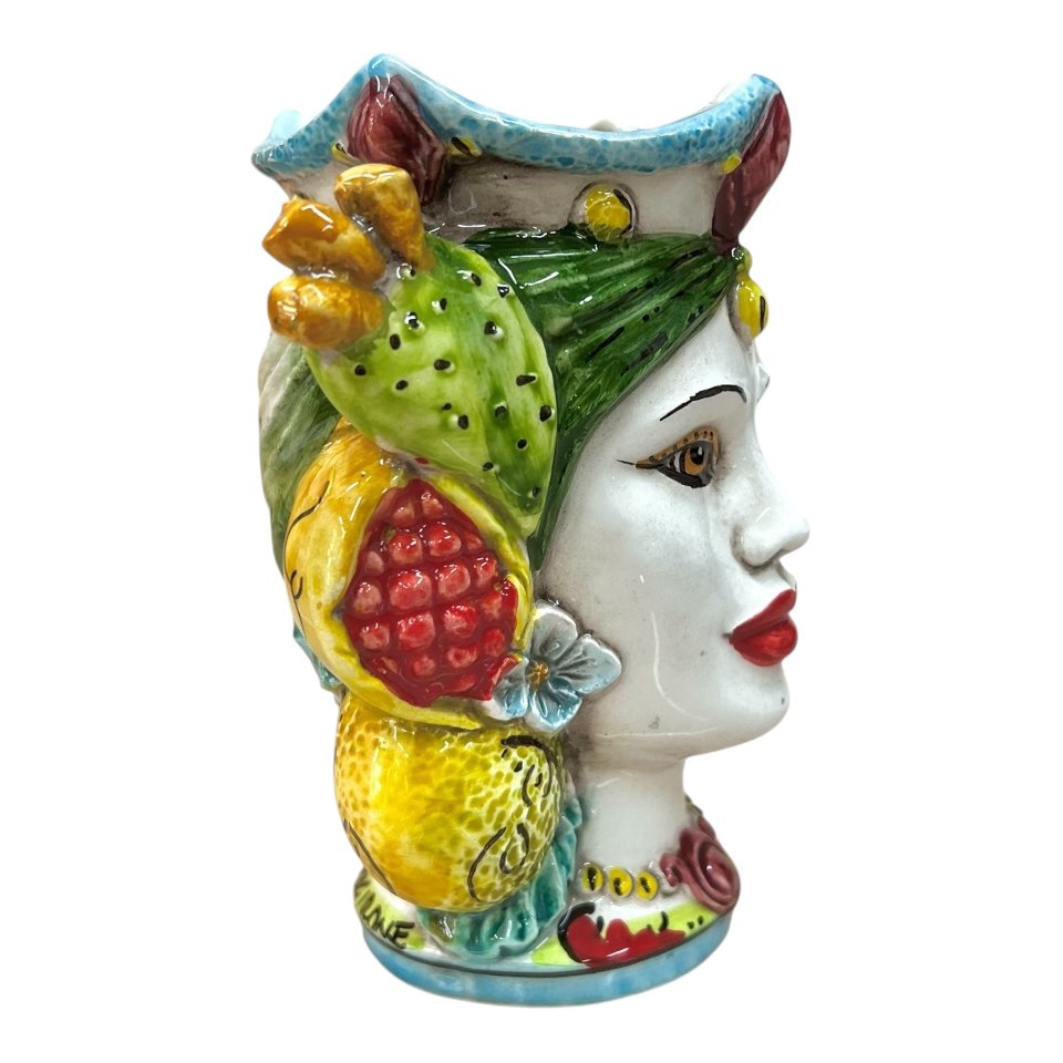 Testa di moro donna con frutta e fichi d’india in ceramica siciliana Produzione artigianale di Caltagirone h.15cm