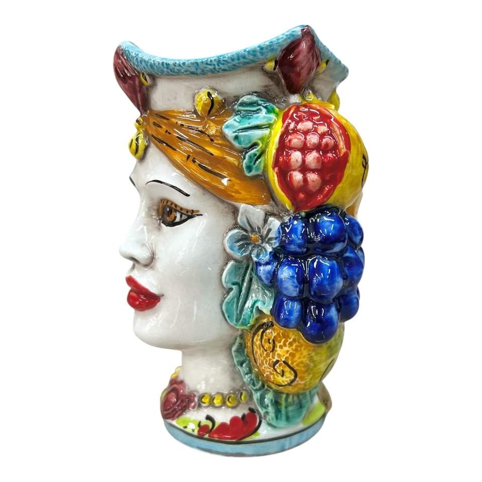 Testa di moro donna con frutta e fichi d’india in ceramica siciliana Produzione artigianale di Caltagirone h.15cm