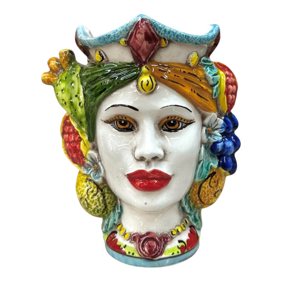 Testa di moro donna con frutta e fichi d’india in ceramica siciliana Produzione artigianale di Caltagirone h.15cm