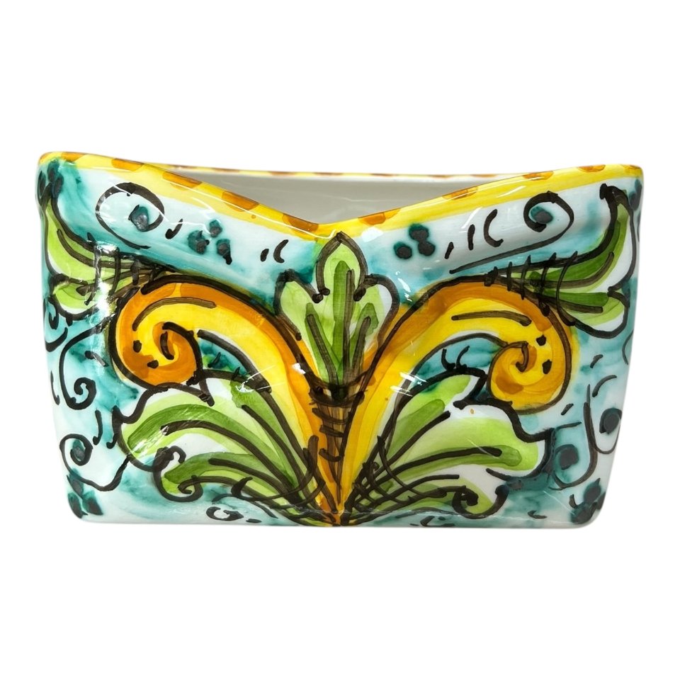 Porta biglietti da visita da tavolo decoro ornato fondo verde in ceramica siciliana Produzione artigianale di Caltagirone Lunghezza 12cm