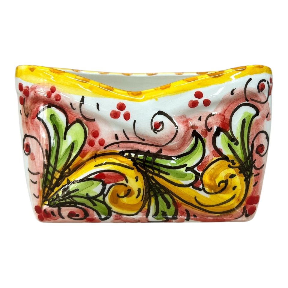 Porta biglietti da visita da tavolo in ceramica siciliana decoro ornato barocco fondo rosso Produzione artigianale di Caltagirone Lunghezza 12cm