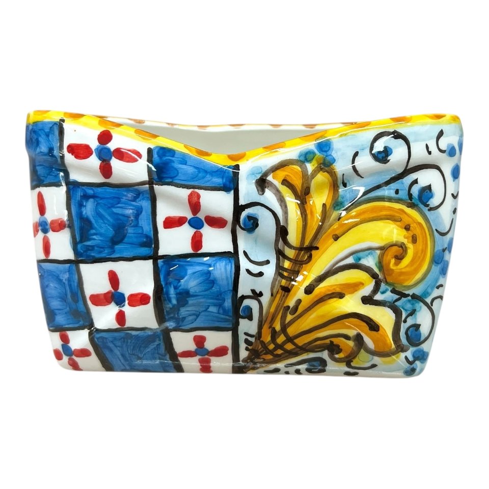 Porta biglietti da visita da tavolo in ceramica siciliana decoro ornato e carretto Produzione artigianale di Caltagirone Lunghezza 12cm